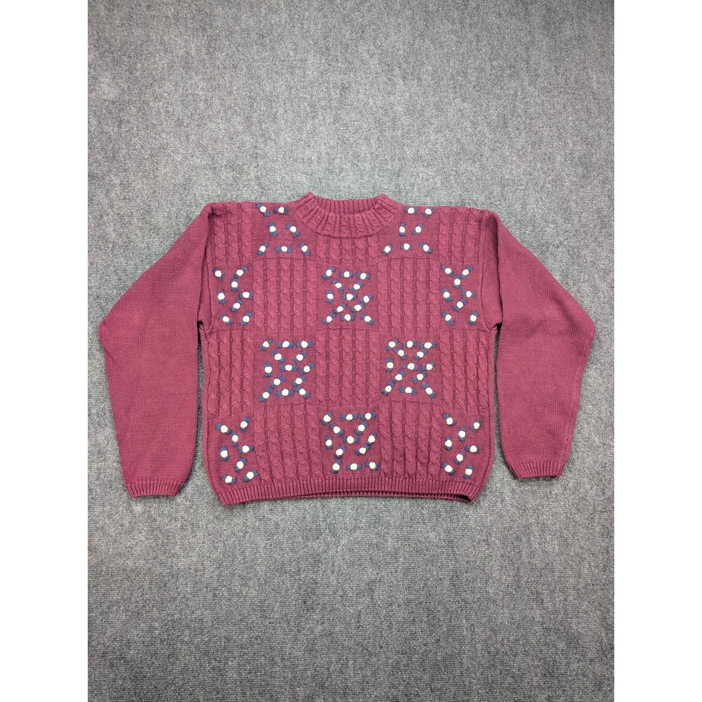 Paris‎ Sport Club Hand Knit Sweater Large Cable Embroidery Roses Cottage Chunky